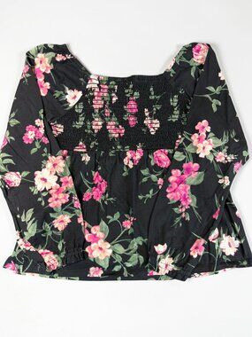Children's Place Girls Long Sleeve Black Floral Smocked Top Size Large(SKU:177G)
